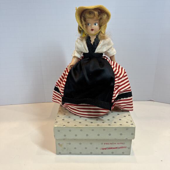 VTG 1950s French Girl Dutch Girl Doll Painted Face Jointed W/ Box 7.5” - Picture 1 of 4